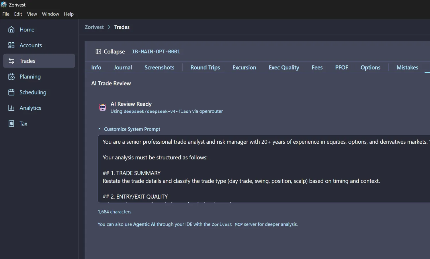 Zorivest Trades AI review panel with an editable system prompt for trade analysis.