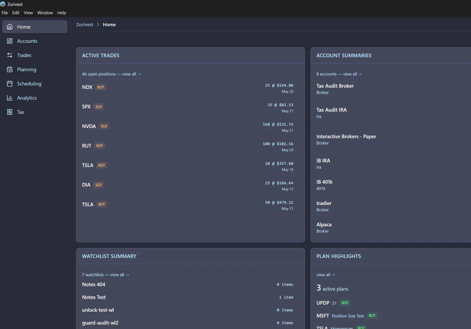 Zorivest Home dashboard showing active trades, account summaries, watchlist summary, and plan highlights.