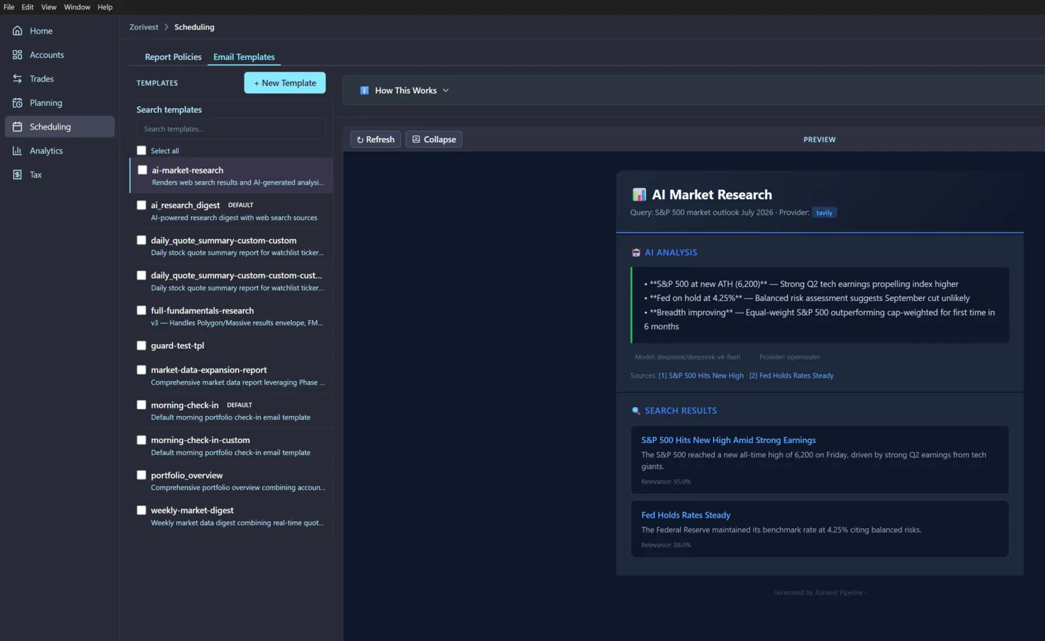 Zorivest Scheduling view with report and email templates and a market-research preview.
