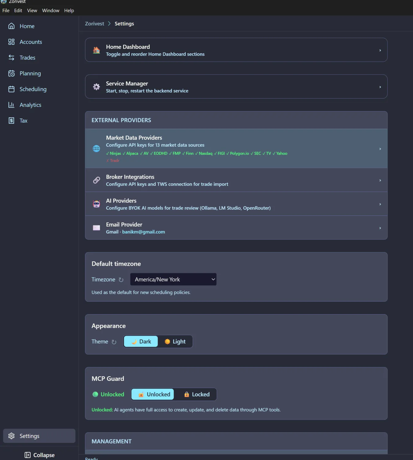 Zorivest Settings showing external data providers, broker integrations, AI providers, timezone, and appearance options.