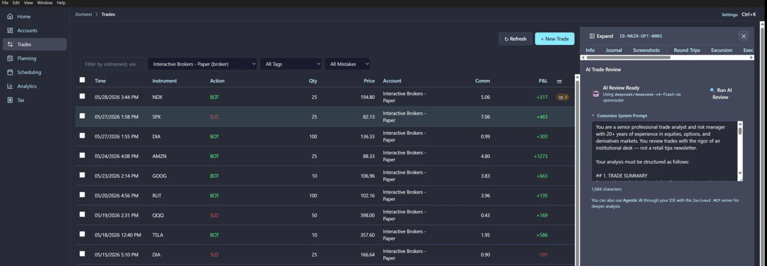 Zorivest Trades list with a side-by-side detail panel for a single trade.